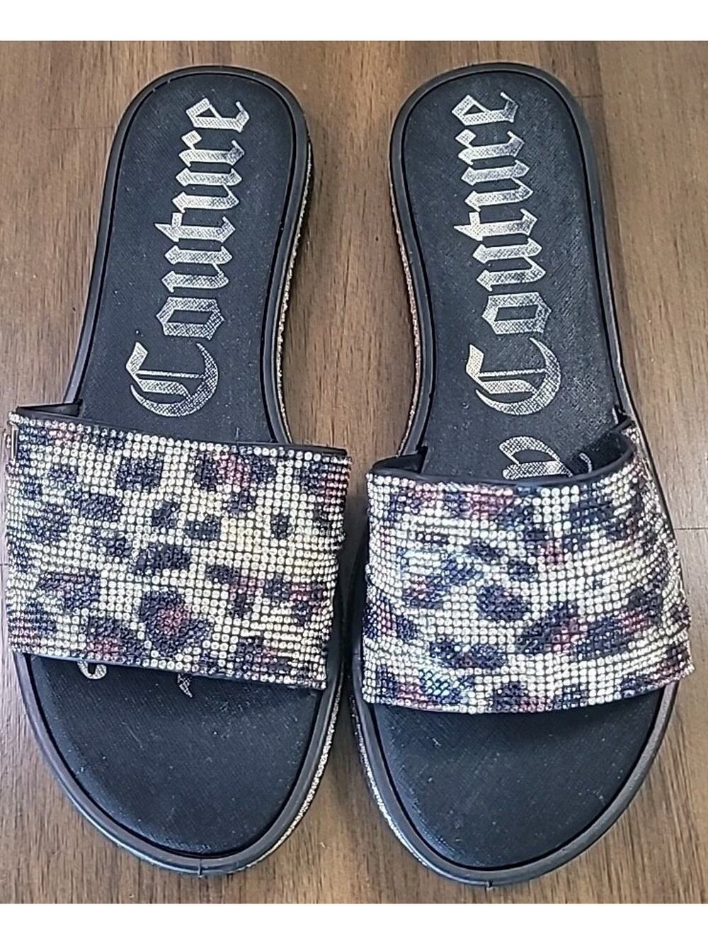 Juicy Couture Yippy Animal Print Slides Black Sandals 7.5